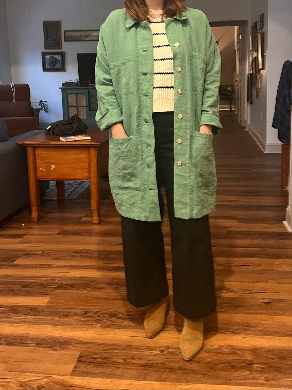 Green Button-Front washed Linen Jacket—handmade